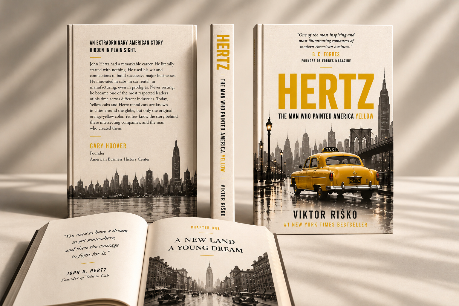 HERTZ: The Man Who Painted America Yellow — hardcover book: back cover, spine, front cover and open first chapter