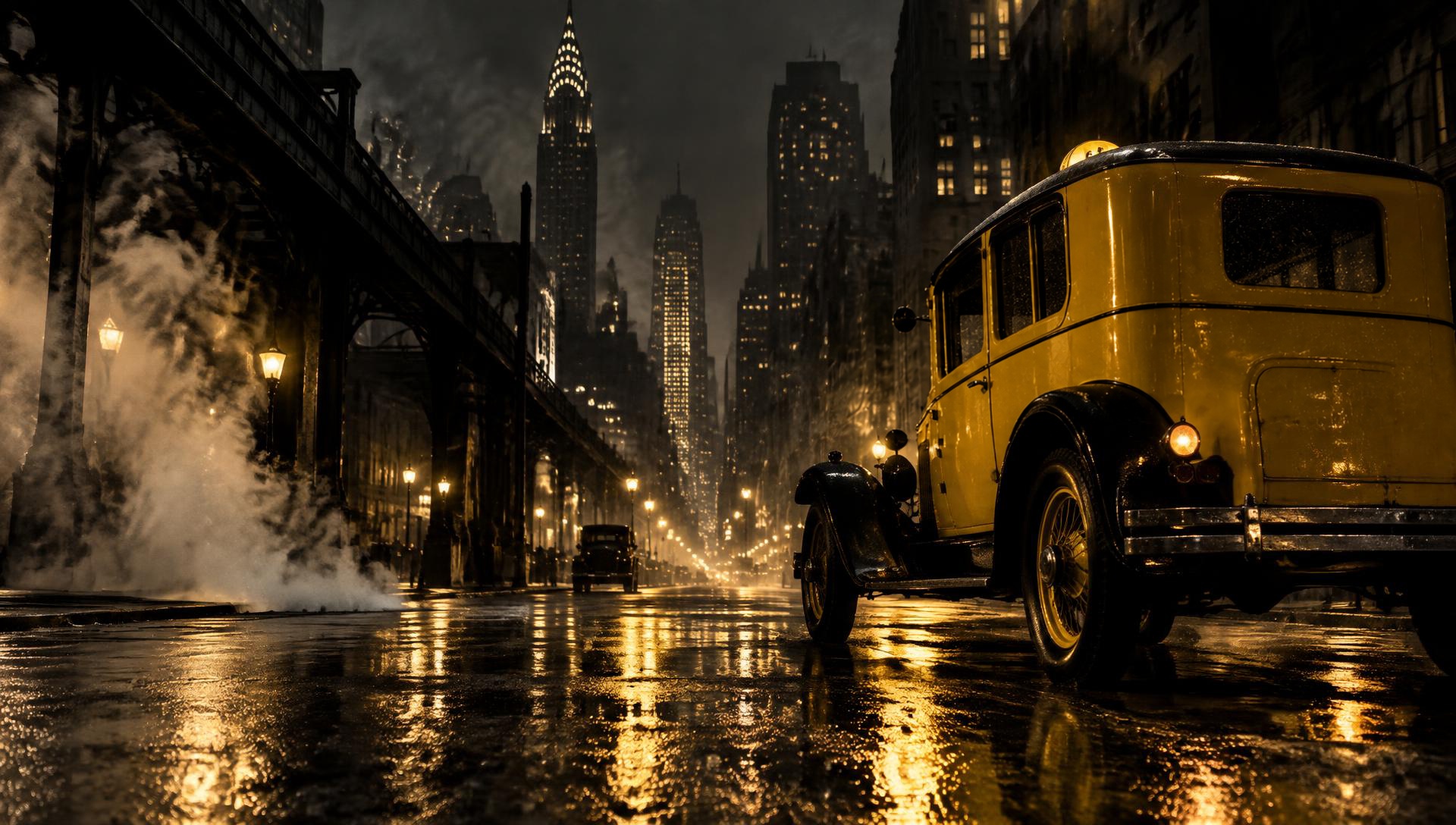 A vintage yellow taxi on a rain-lit New York street